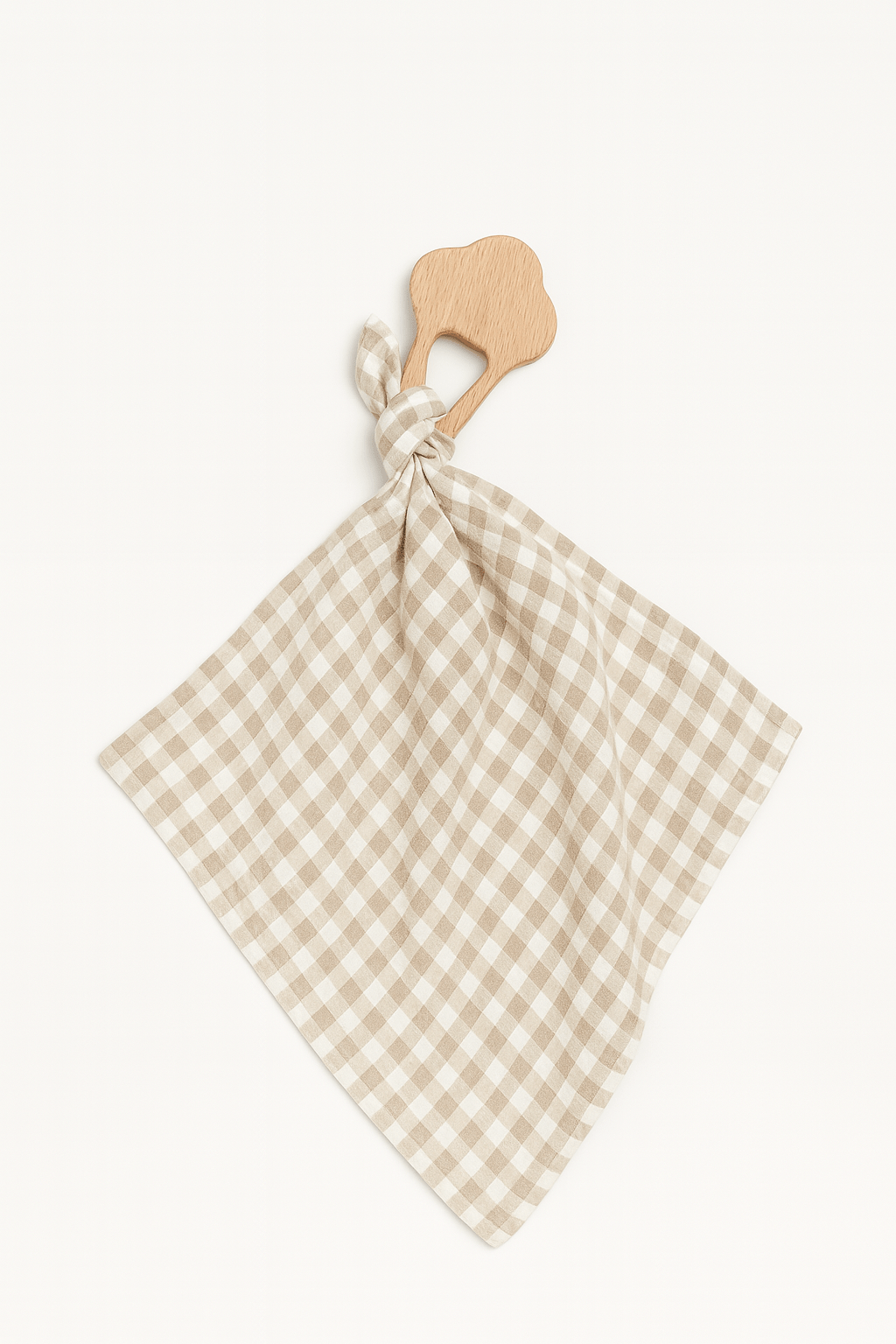 Anneau de dentition bébé personnalisable en bois et lange en gaze de coton vichy beige - mazzanne