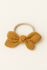 Chouchou cheveux fille nœud accessoire vêtement en gaze de coton camel - mazzanne