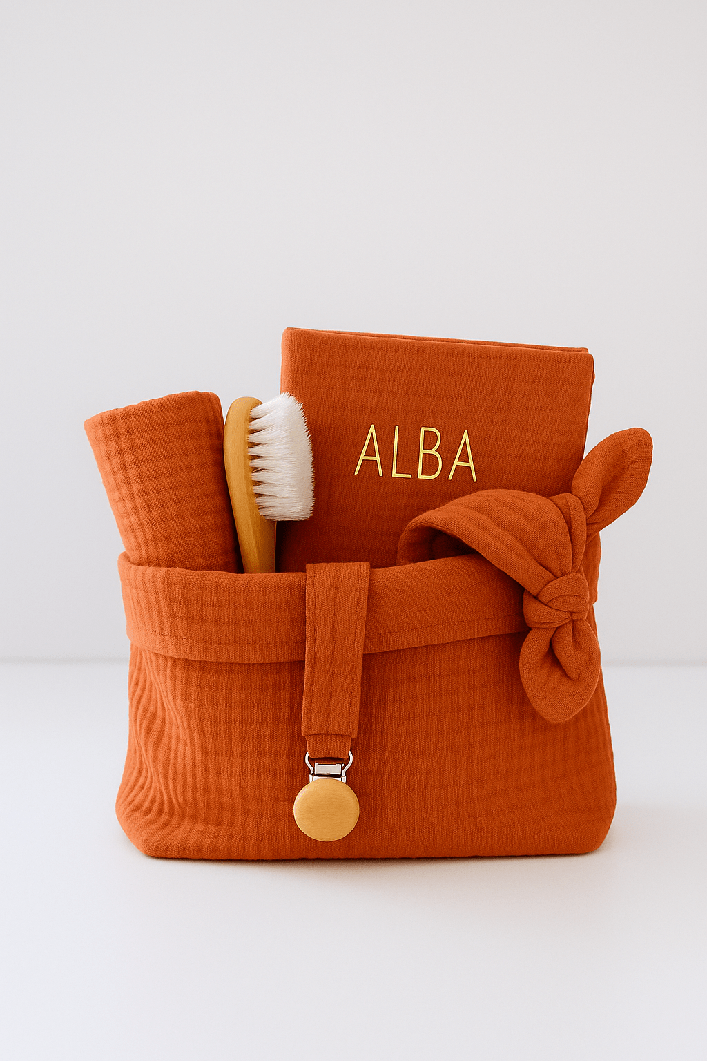 Coffret naissance bébé personnalisable fait main en France en gaze de coton tangerine - mazzanne
