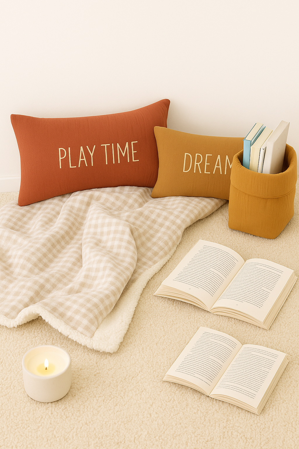 coin lecture cocooning accessoires coussin panière couverture livres bougie