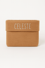 Panière de rangement bébé et enfant personnalisable en gaze de coton camel - mazzanne