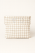 Panière de rangement bébé et enfant personnalisable en gaze de coton vichy beige - mazzanne