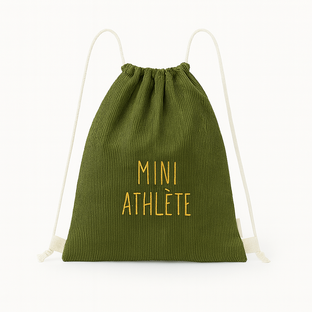 Sac à dos enfant personnalisable en velours côtelé vert à cordons - mazzanne