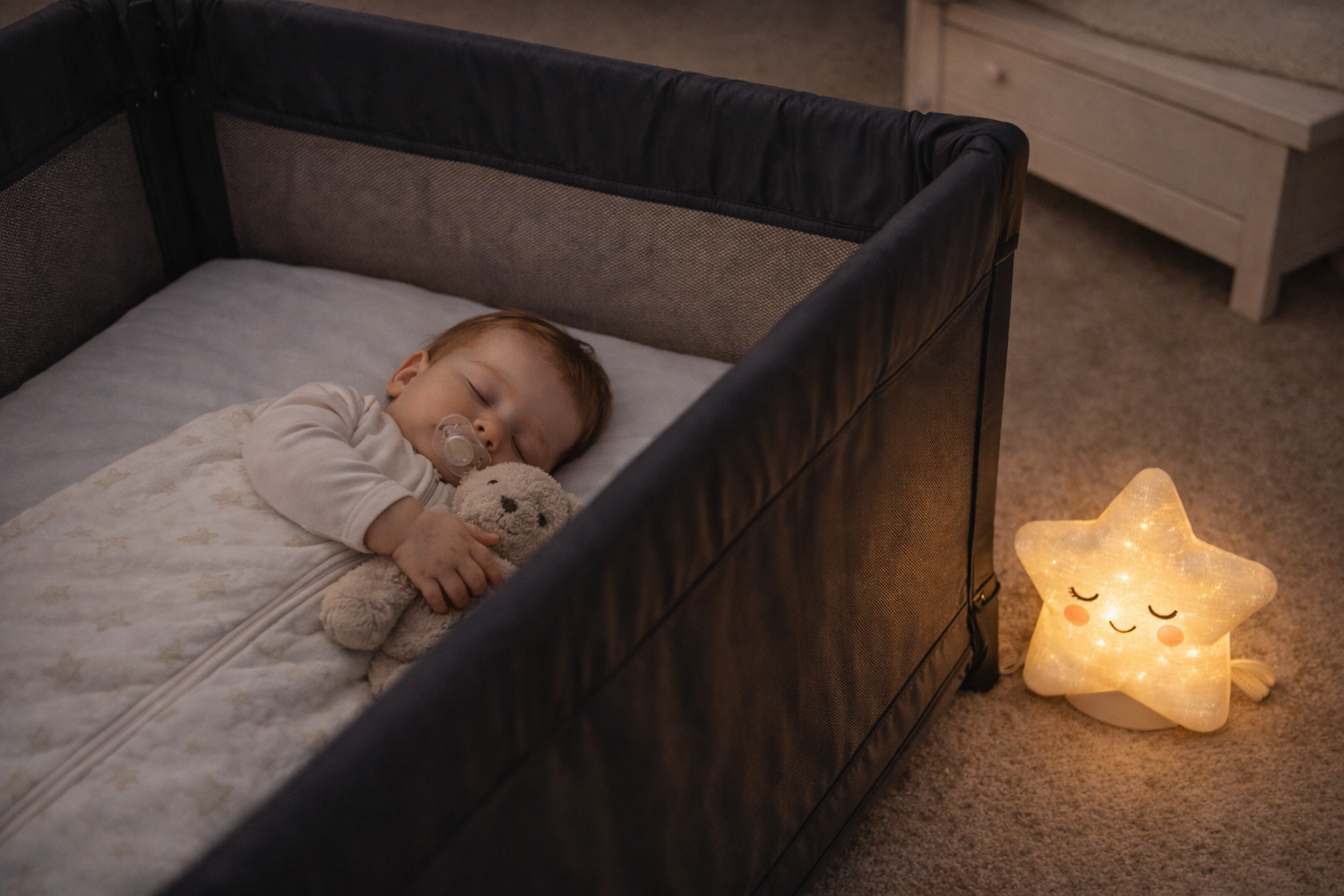 Bébé endormi dans un lit parapluie, portant une gigoteuse claire et tenant un doudou, avec une veilleuse allumée posée sur le sol dans la chambre.