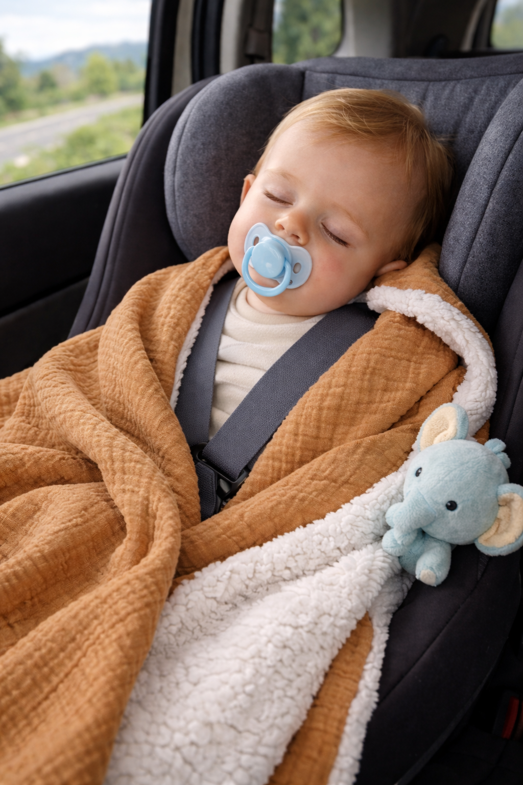 Bébé endormi dans un siège auto, couvert d’une couverture douce camel avec doudou et tétine, en voiture pendant un trajet