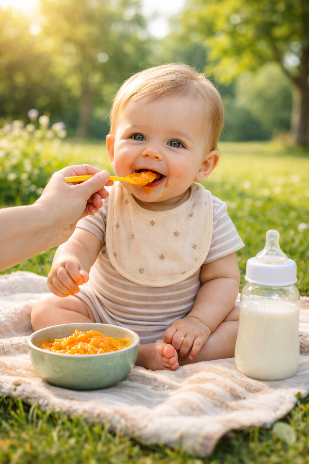 Bébé assis sur une couverture dans l’herbe, en train de manger une purée à la cuillère avec un biberon à côté, en plein air