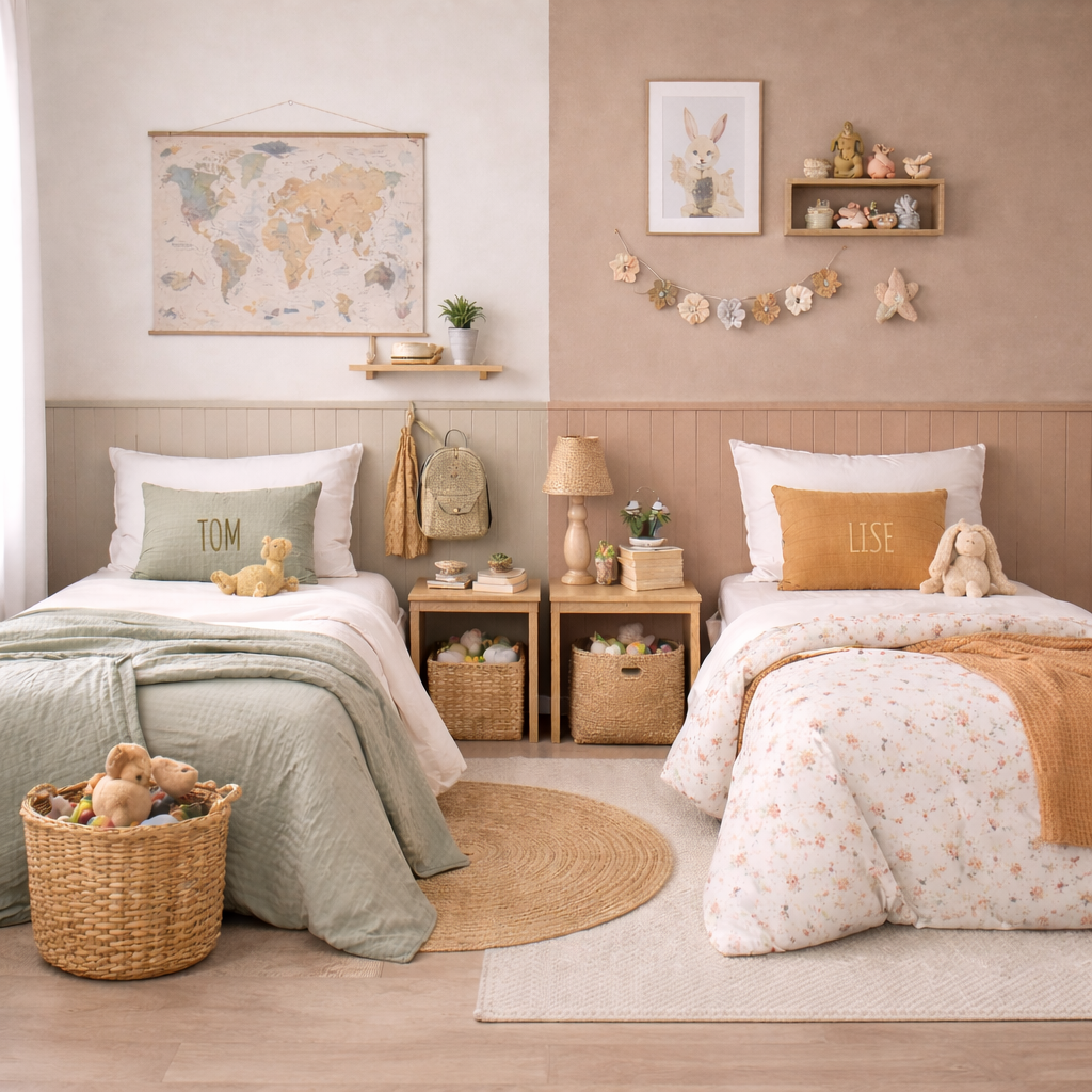 Chambre enfants avec lits jumeaux personnalisés, décoration pastel, rangements pratiques et ambiance cosy et harmonieuse