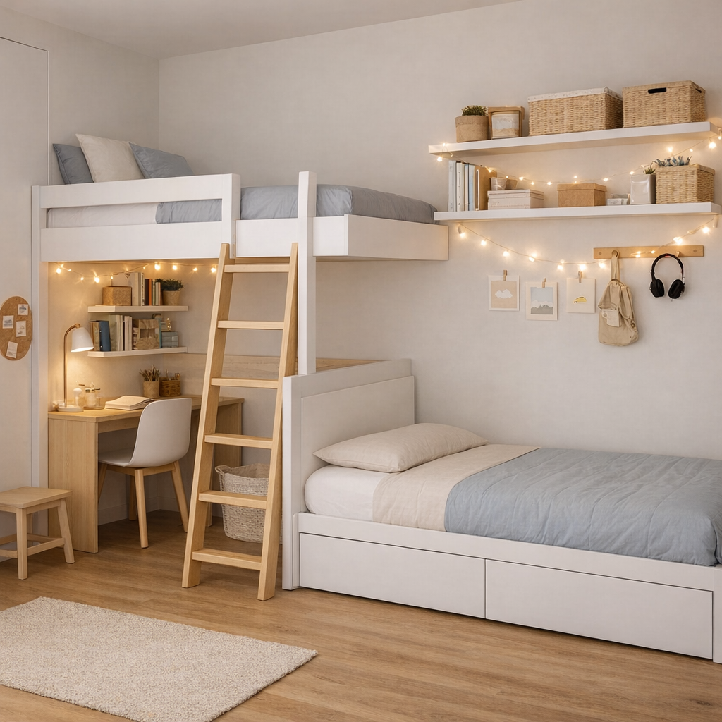 Chambre d’enfant optimisée avec lit mezzanine, lit gigogne fermé, bureau intégré et éclairage mural cosy dans un petit espace
