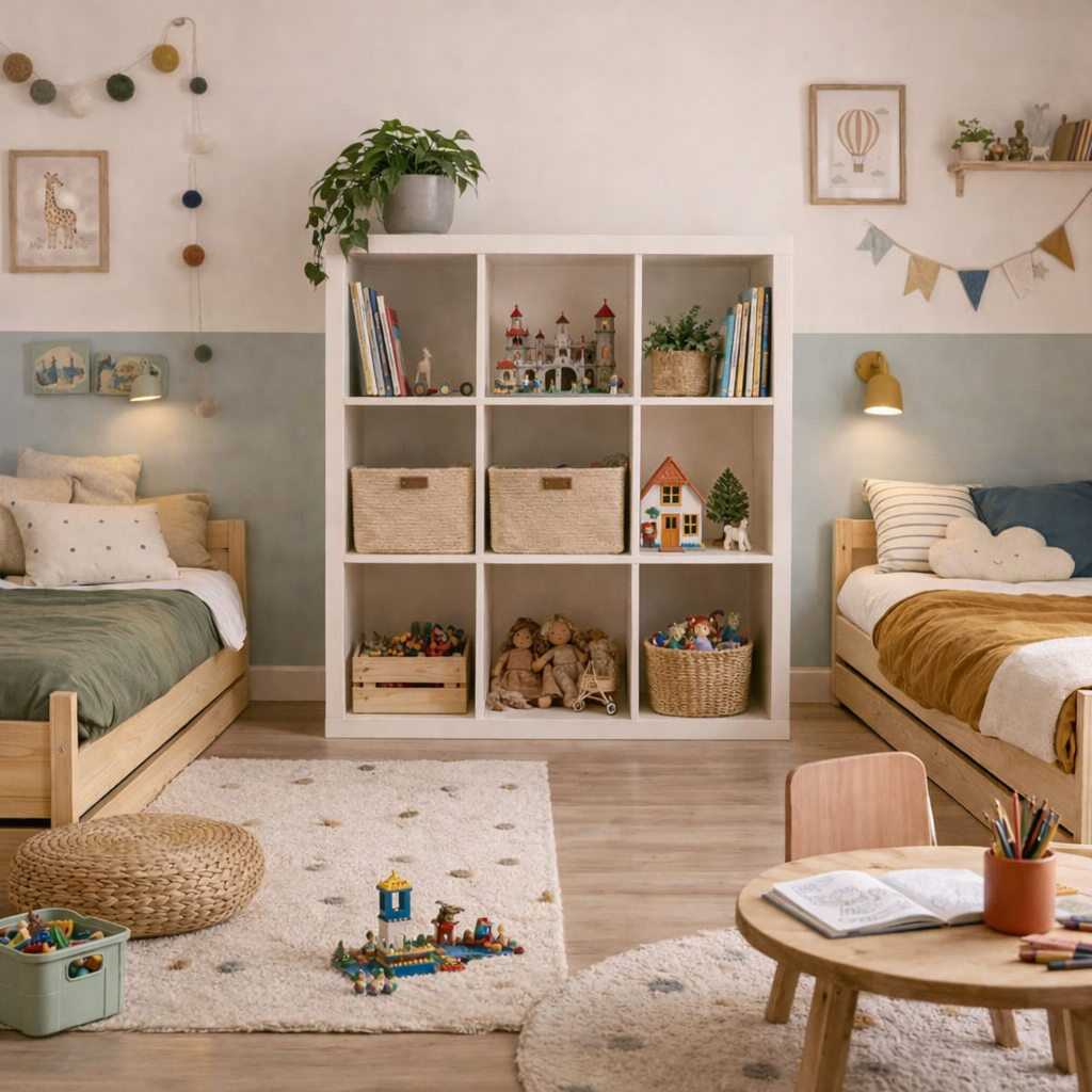 Chambre enfants avec lits jumeaux, meuble de rangement central, décoration minimaliste et espace de jeu fonctionnel
