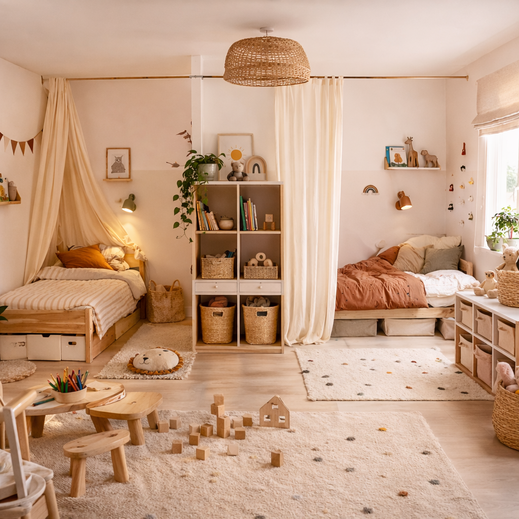 Chambre enfants partagée avec séparation rideau, lits individuels, rangements fonctionnels et espace de jeu lumineux et cosy