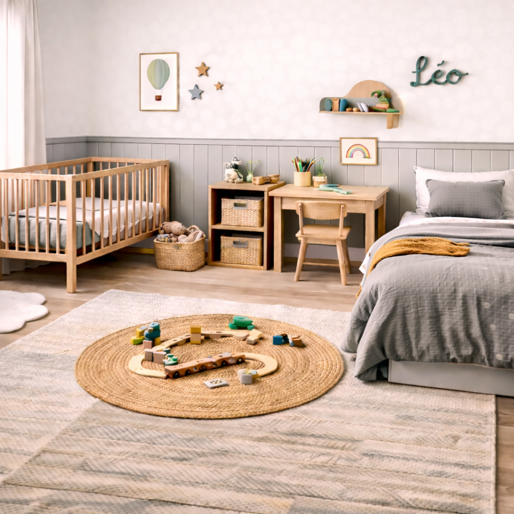 Chambre partagée pour enfants avec lit bébé, lit simple, coin bureau et espace de jeu cosy et fonctionnel