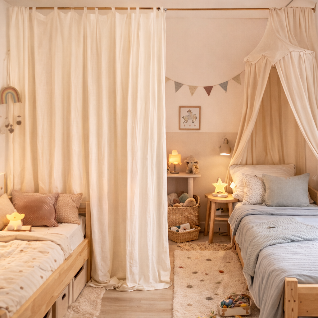 Chambre enfants avec séparation rideaux, deux lits individuels, lumière douce et décoration cocooning