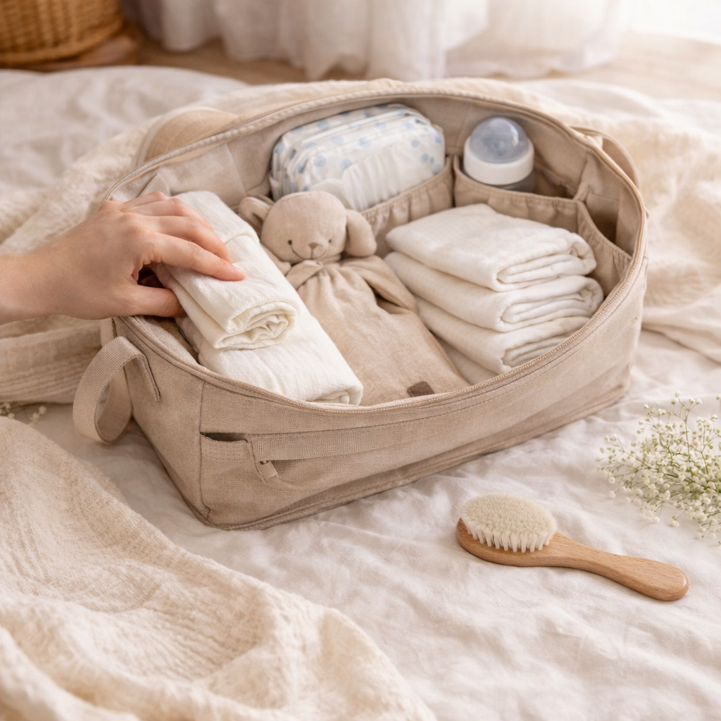 Sac à langer beige ouvert avec essentiels pour bébé : couches, bodys pliés, lange, biberon et brosse en bois dans une ambiance douce et naturelle