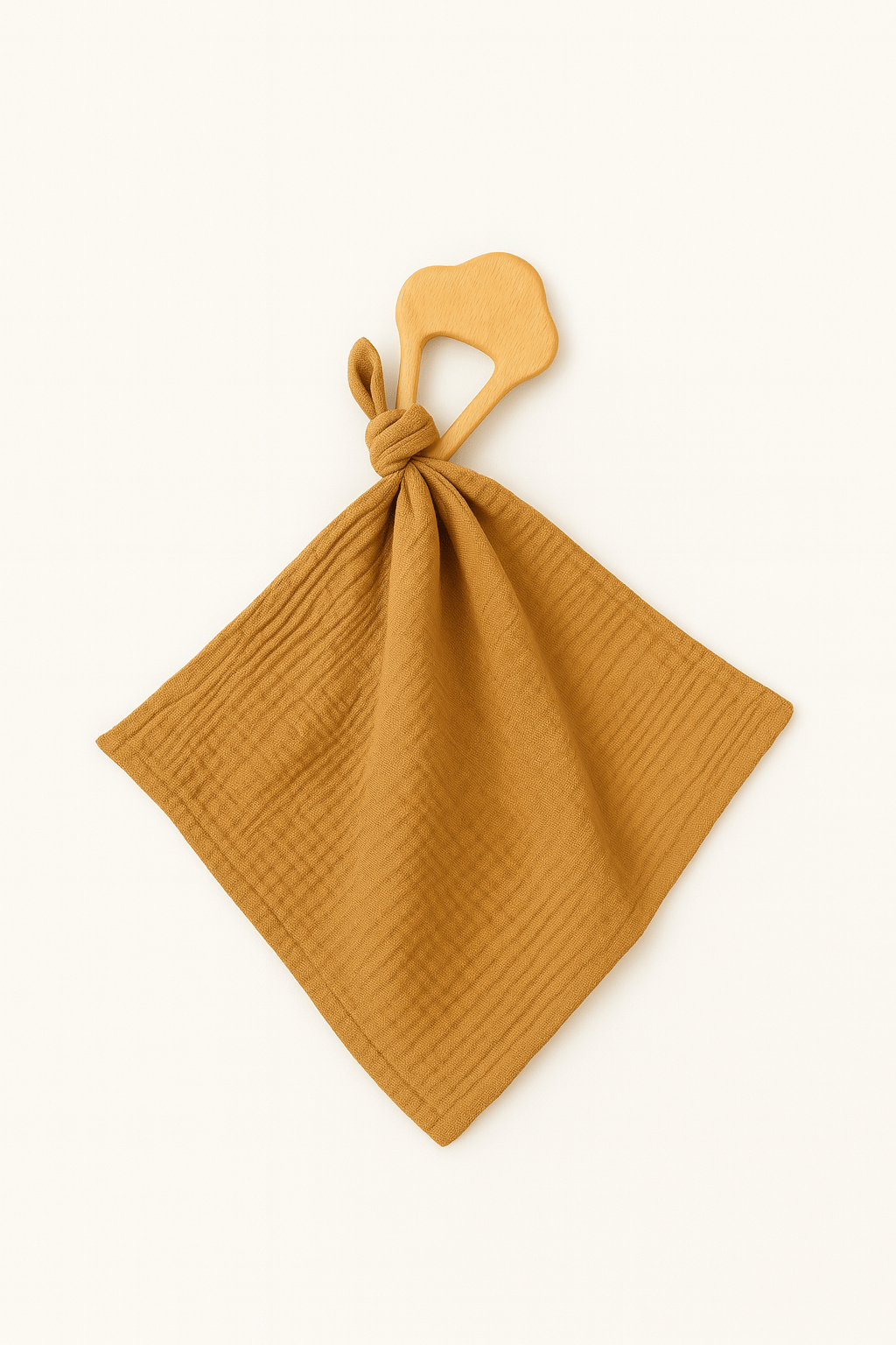 Anneau de dentition bébé personnalisable en bois et lange en gaze de coton camel - mazzanne