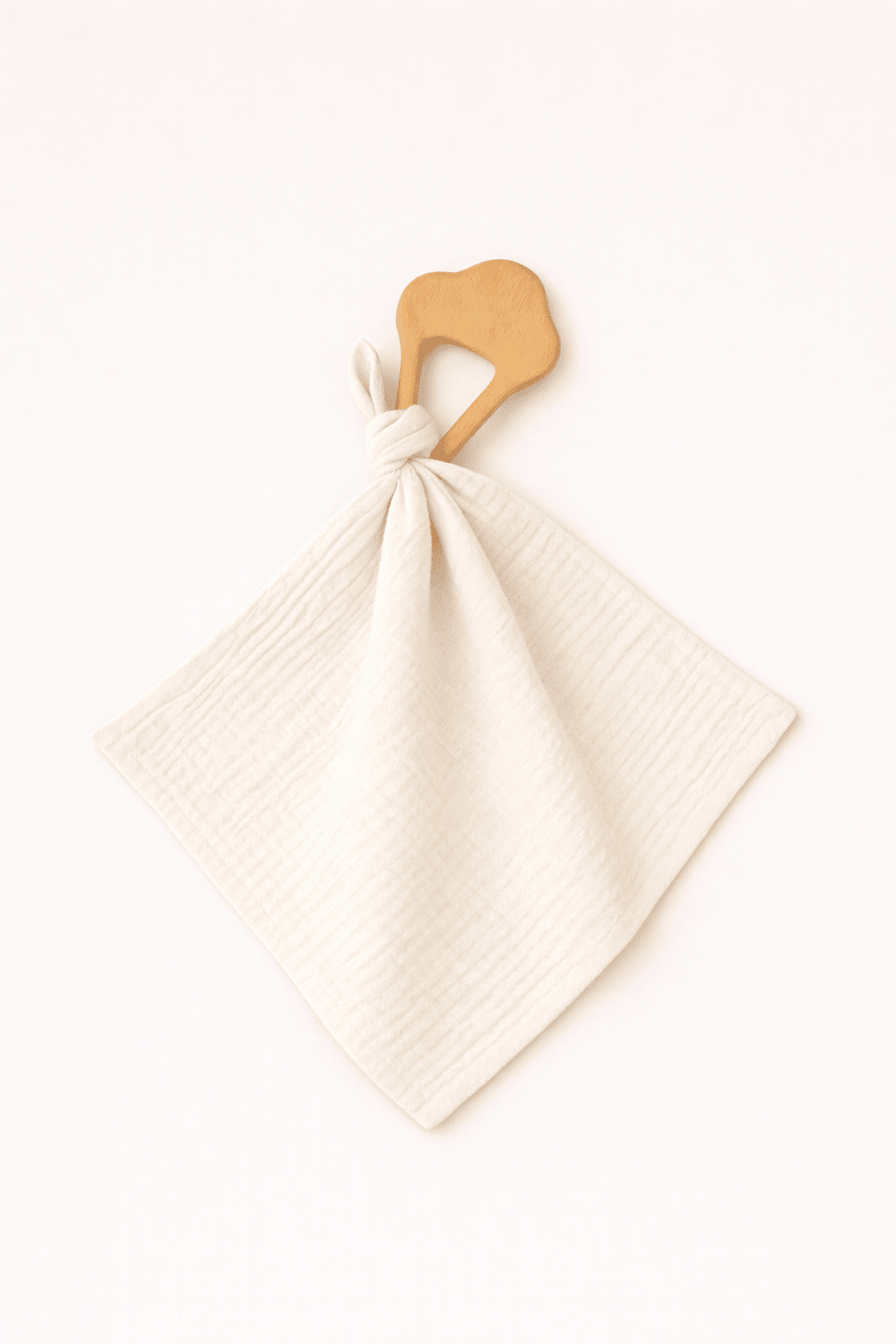 Anneau de dentition bébé personnalisable en bois et lange en gaze de coton écru - Mazzanne