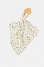 Anneau de dentition bébé personnalisable en bois et lange en gaze de coton fleurs - mazzanne