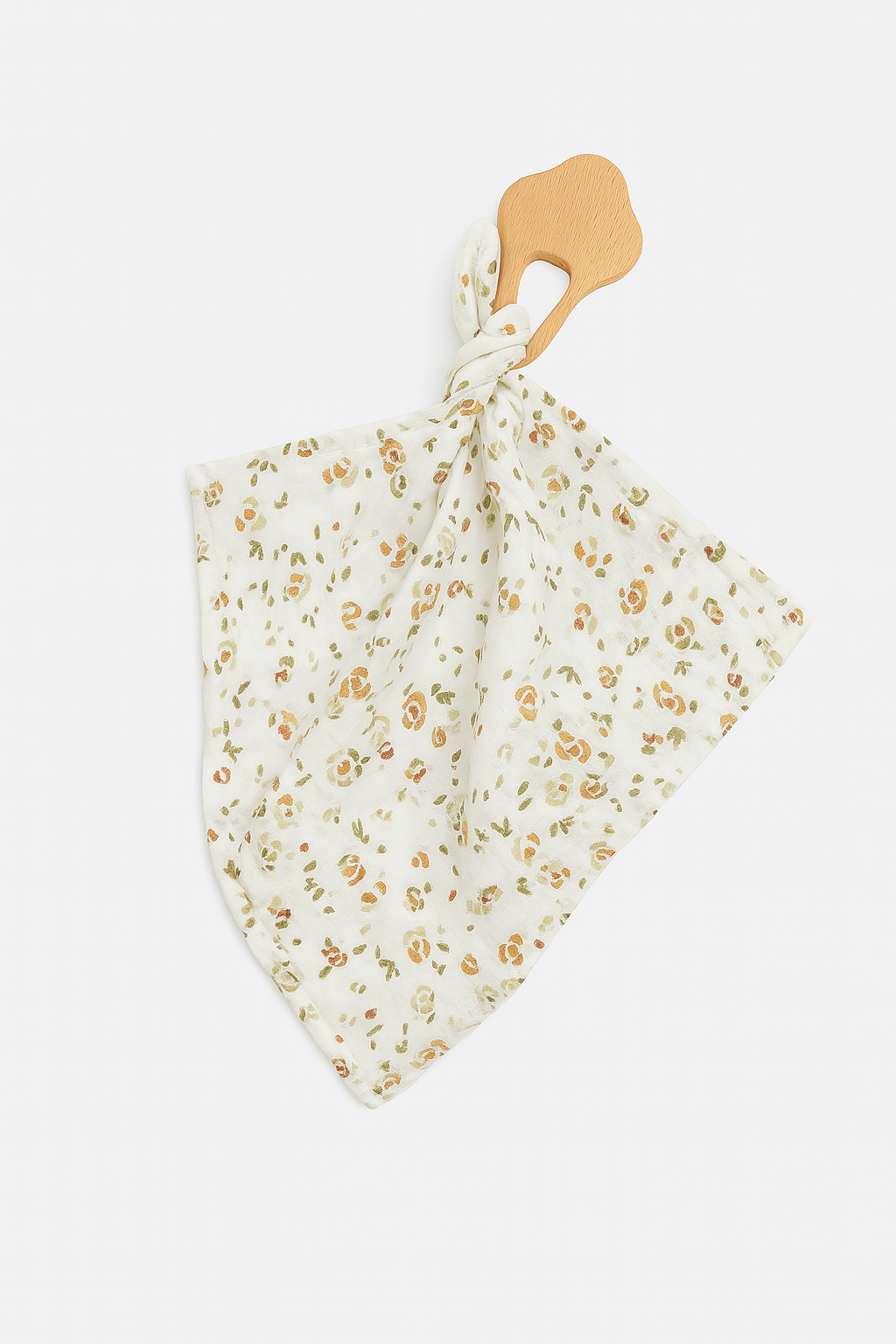 Anneau de dentition bébé personnalisable en bois et lange en gaze de coton fleurs - mazzanne