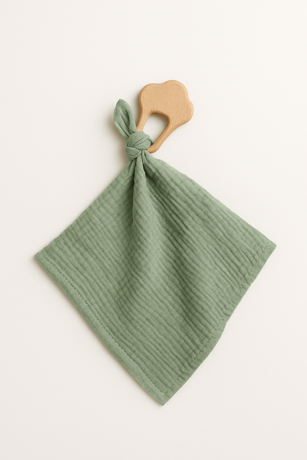Anneau de dentition bébé personnalisable en bois et lange en gaze de coton vert - mazzanne