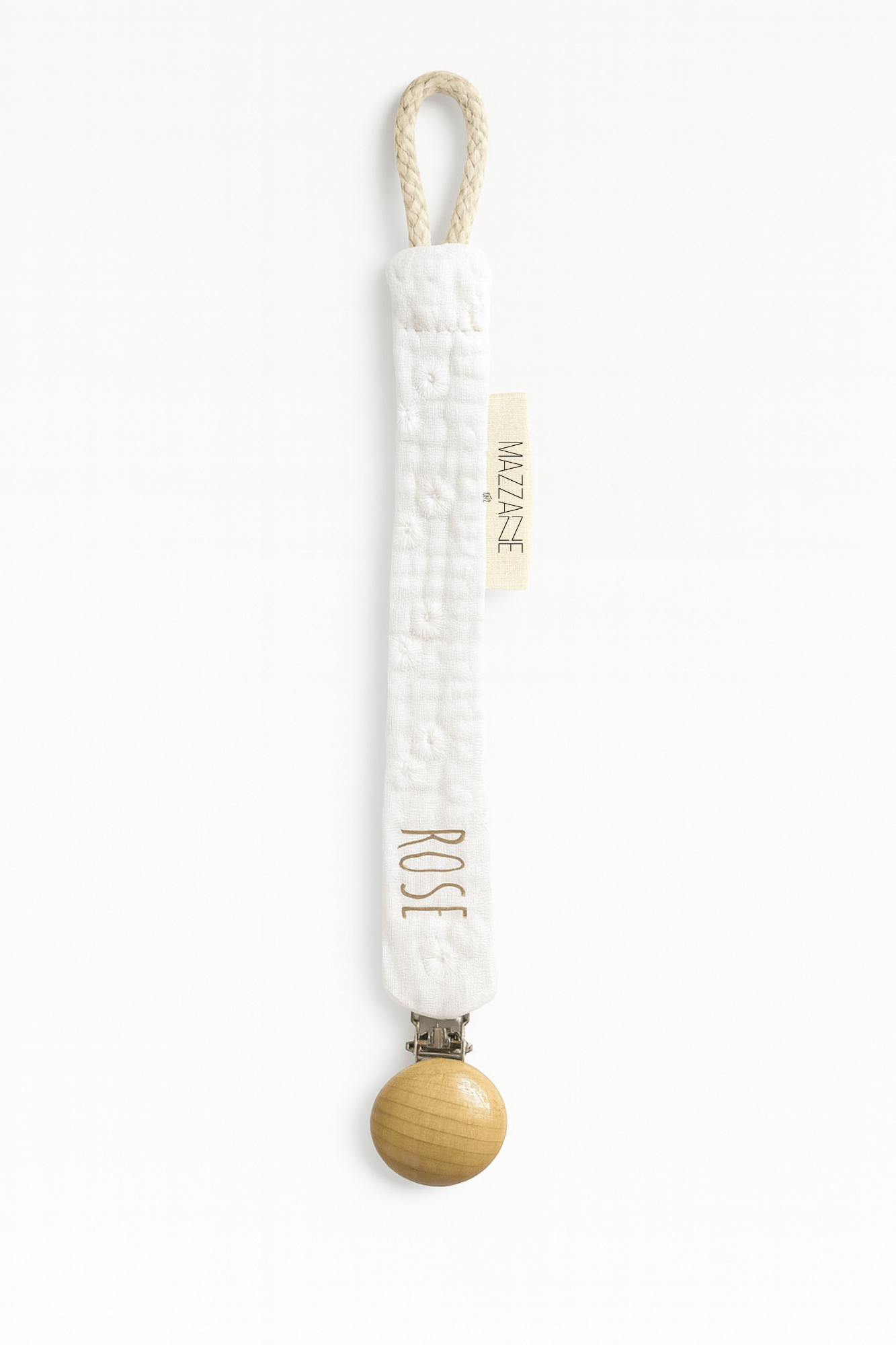 Attache - tétine bébé personnalisable fait main en gaze de coton blanche brodée - mazzanne
