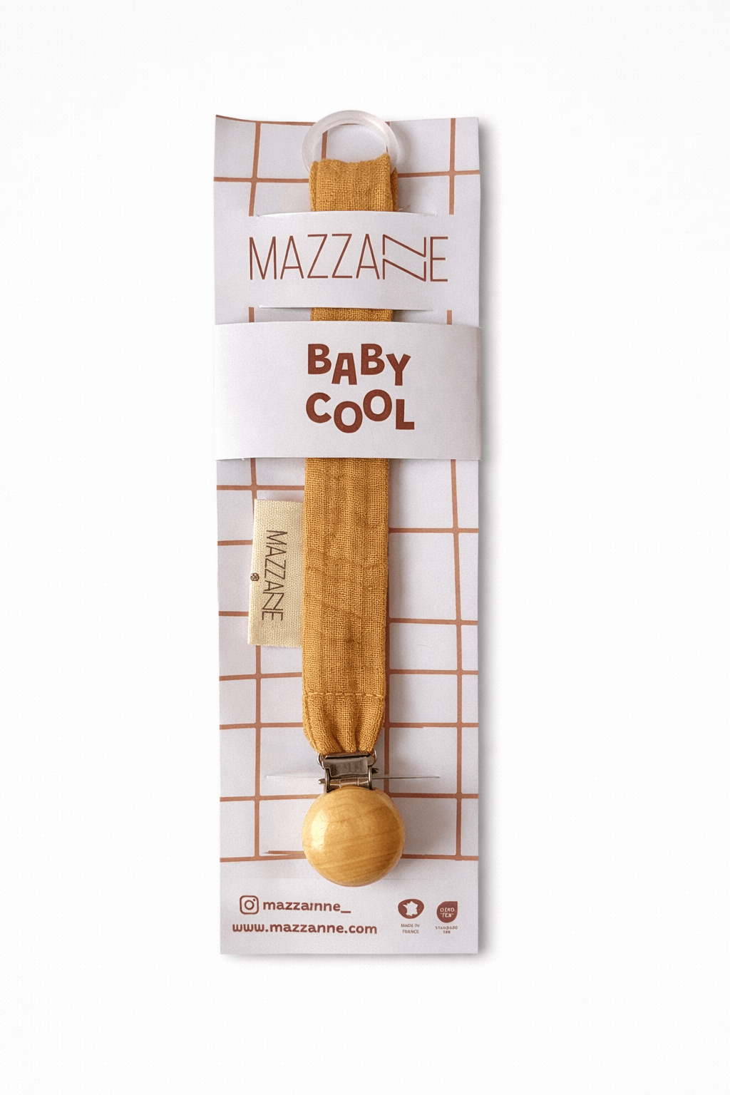 Attache - tétine bébé personnalisable fait main en gaze de coton camel - Mazzanne