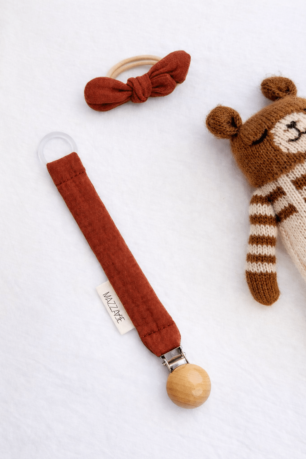 Attache - tétine bébé personnalisable fait main en gaze de coton terracotta - Mazzanne
