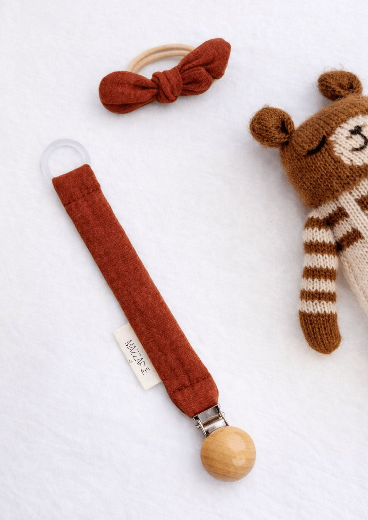 Attache - tétine bébé personnalisable fait main en gaze de coton terracotta - Mazzanne