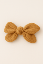Barrette nœud gaze de coton camel pour cheveux accessoire vêtement enfant - mazzanne