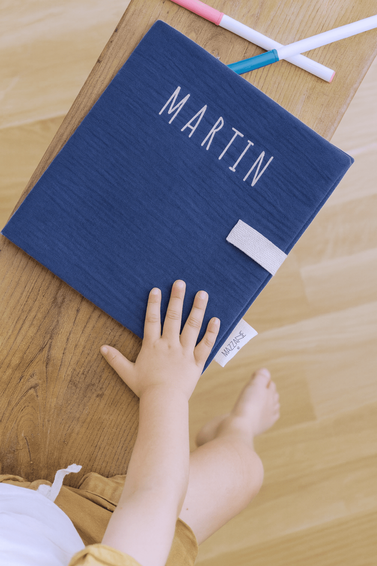 Cahier de coloriage personnalisable lavable et réutilisable en gaze de coton bleu - Mazzanne