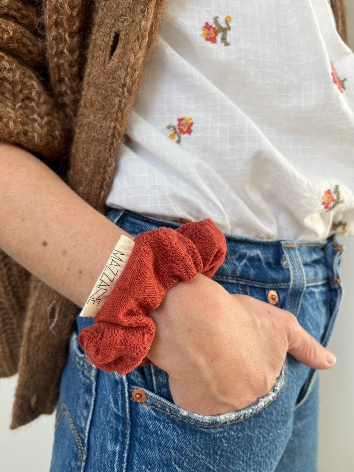 Chouchou cheveux accessoire vêtement femme en gaze de coton terracotta - mazzanne