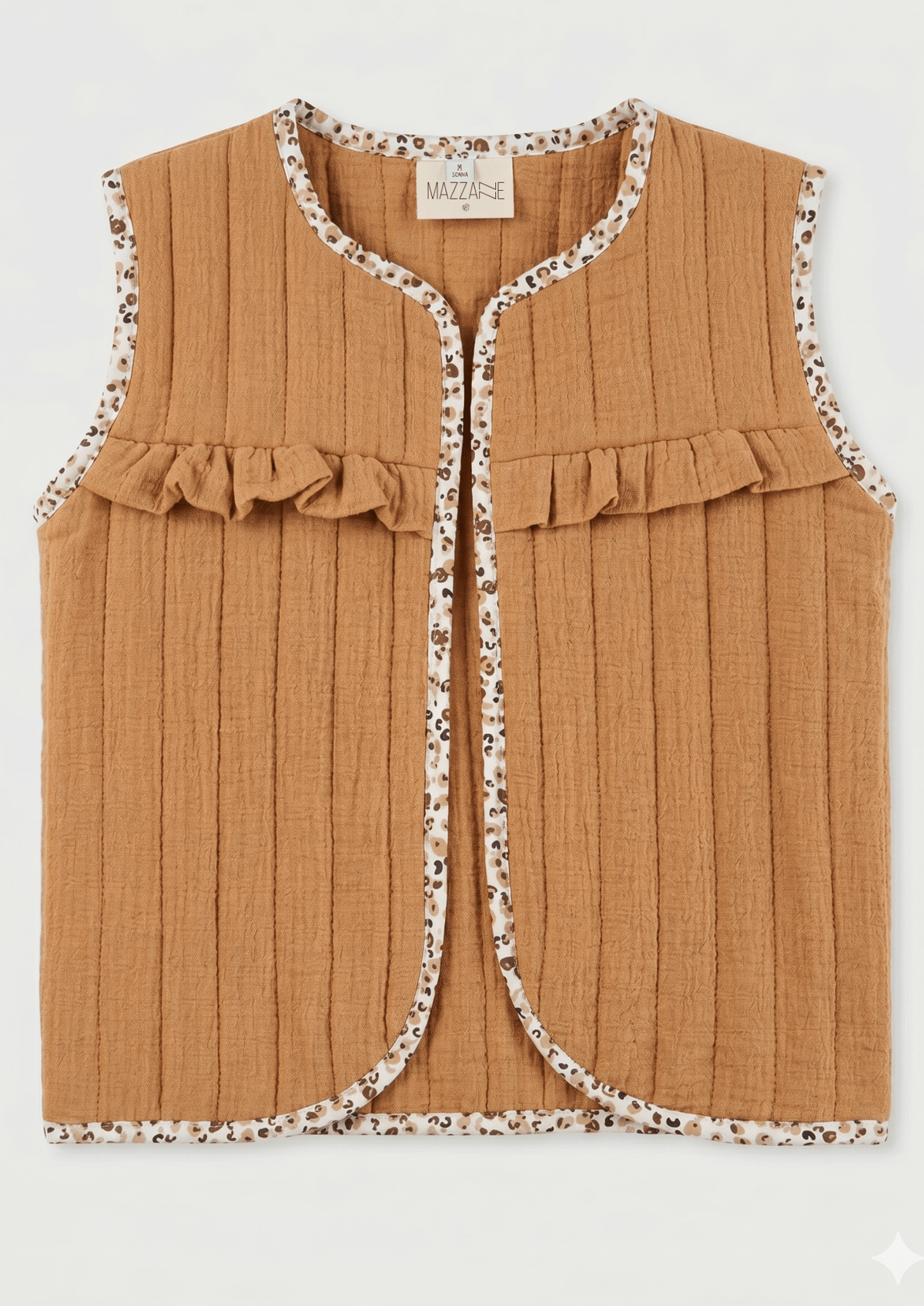 Gilet matelassé fille en gaze de coton camel à volant - Mazzanne