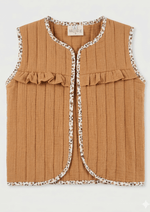 Gilet matelassé fille en gaze de coton camel à volant - Mazzanne