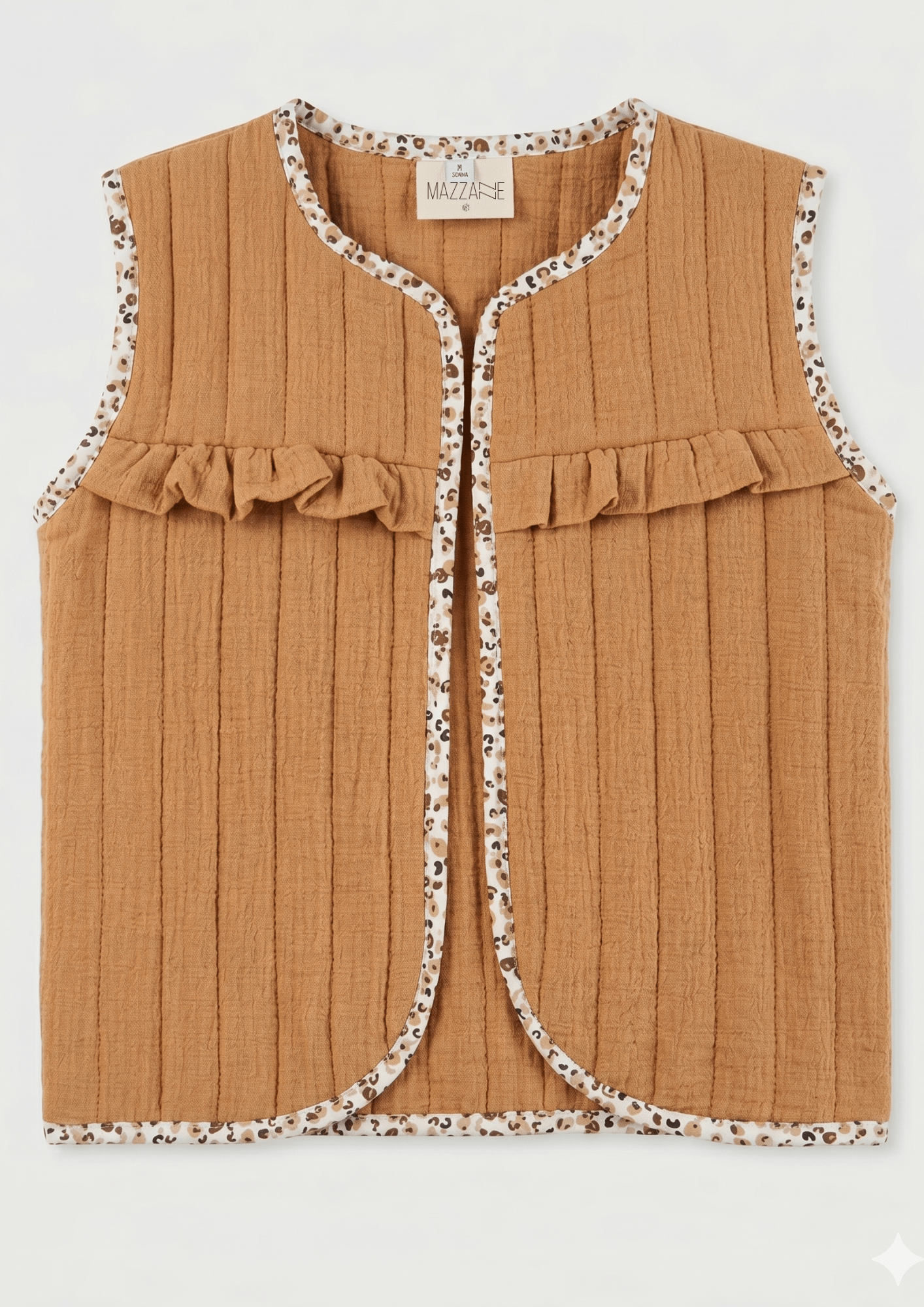 Gilet matelassé fille en gaze de coton camel à volant - Mazzanne