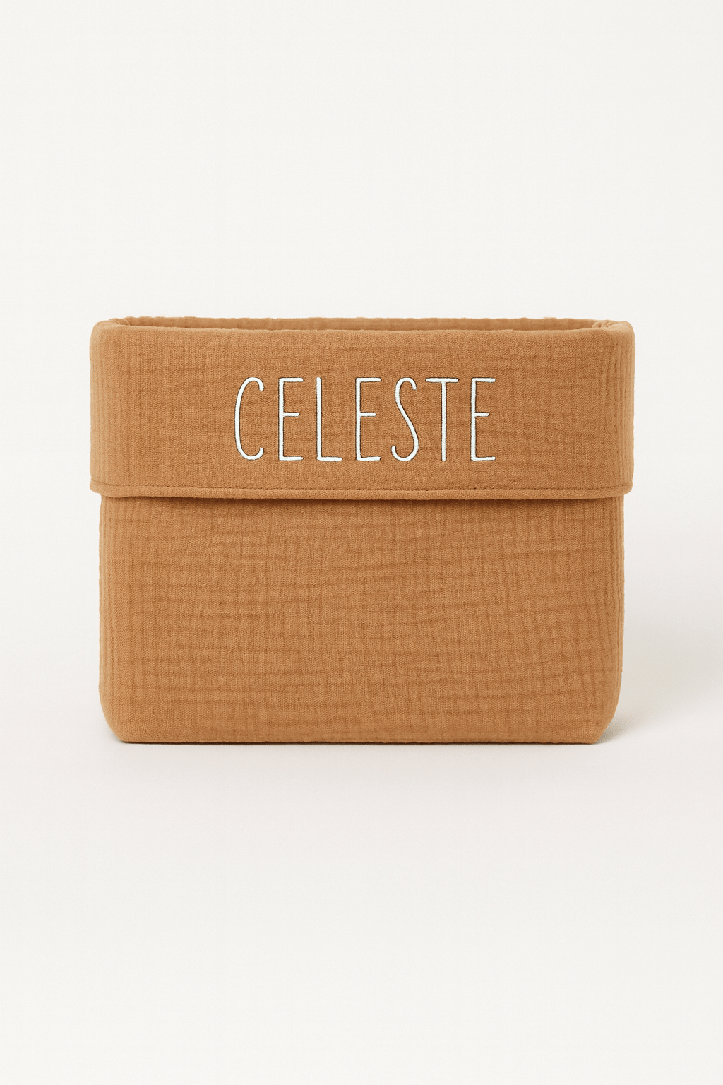 Panière de rangement bébé et enfant personnalisable en gaze de coton camel - mazzanne