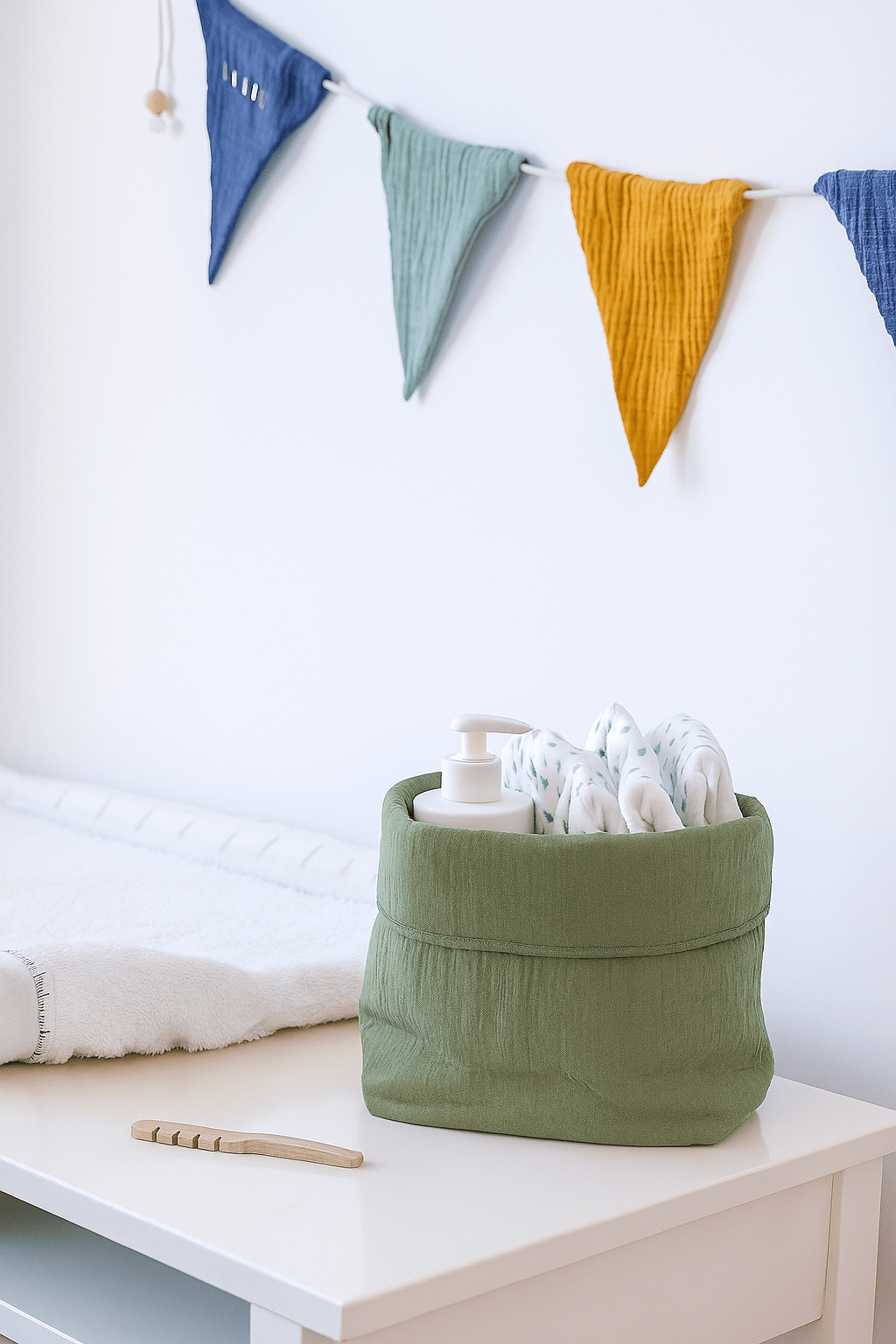 Panière de rangement bébé et enfant personnalisable en gaze de coton verte - mazzanne