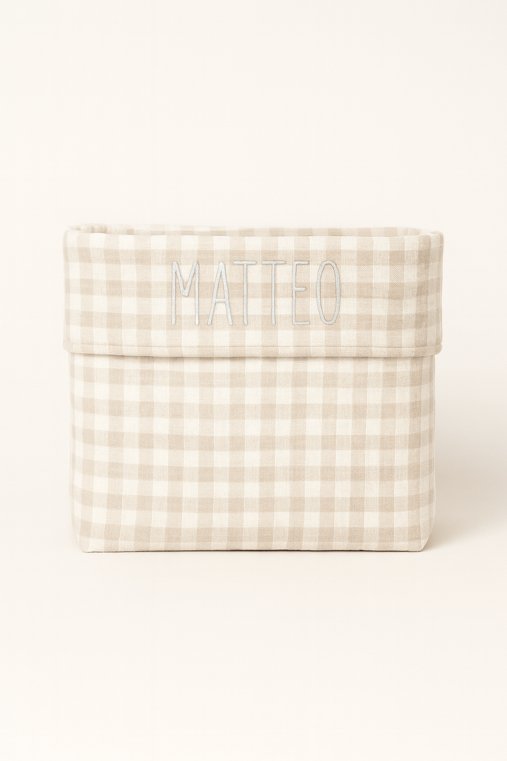 Panière de rangement bébé et enfant personnalisable en gaze de coton vichy beige - mazzanne
