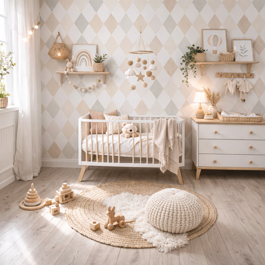 papier peint géométrique couleurs douces et naturelles pour décoration chambre de bébé