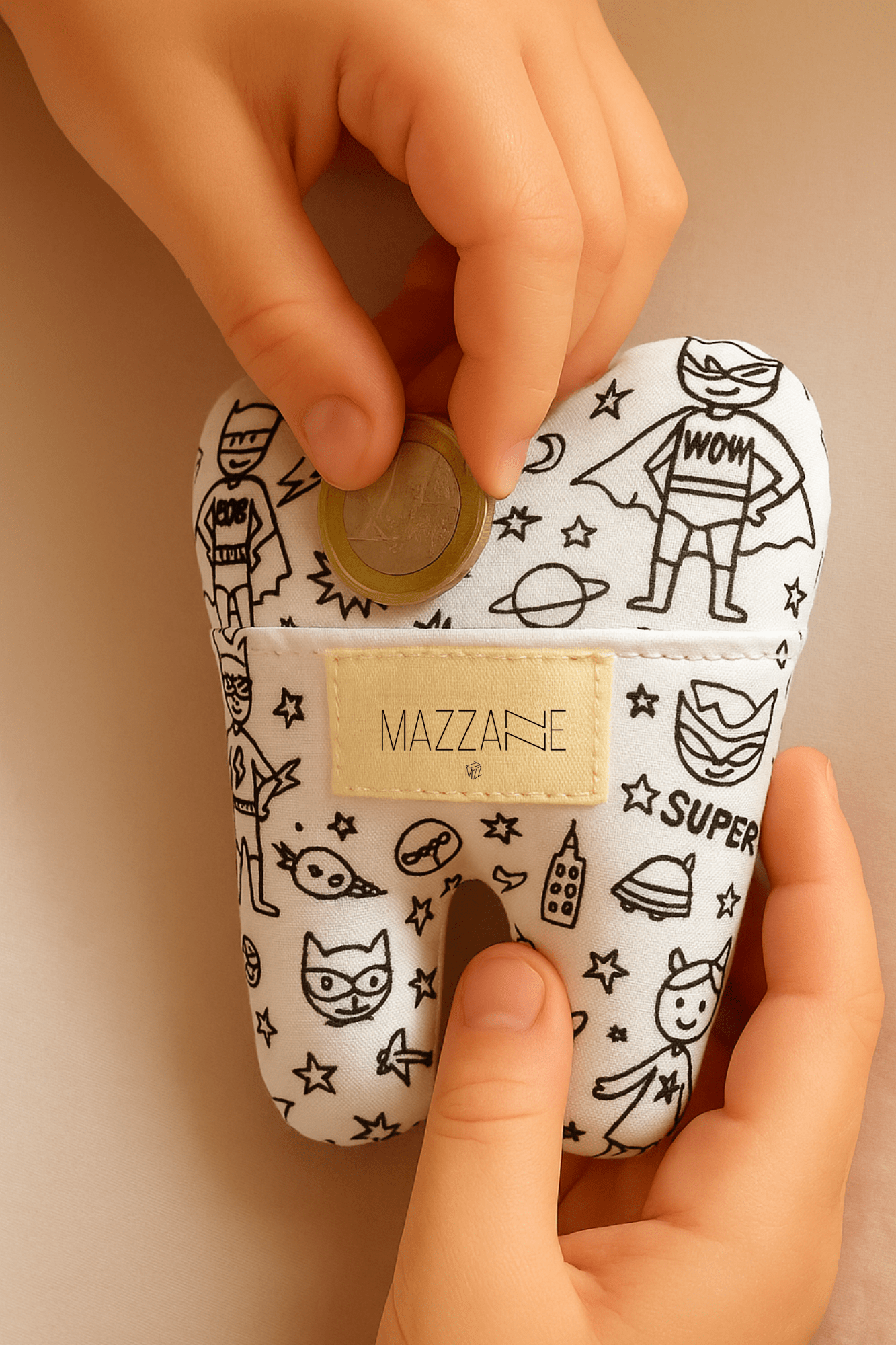 Pochette à dent de lait pour la petite souris en tissu à colorier motif superhéros - Mazzanne