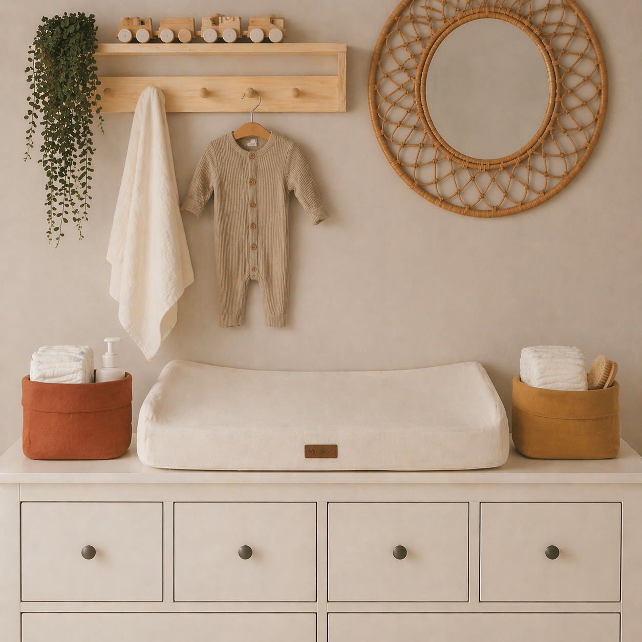 Exemple de table à langer pratique et esthétique avec rangement organisé pour bébé