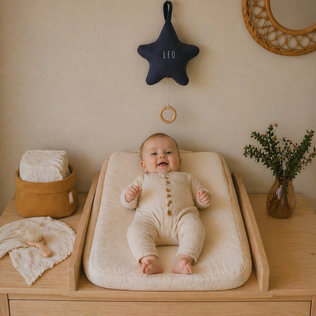 Bébé allongé sur une table à langer dans un espace doux et rassurant pour le change avec boite à musique étoile en gaze de coton bleu