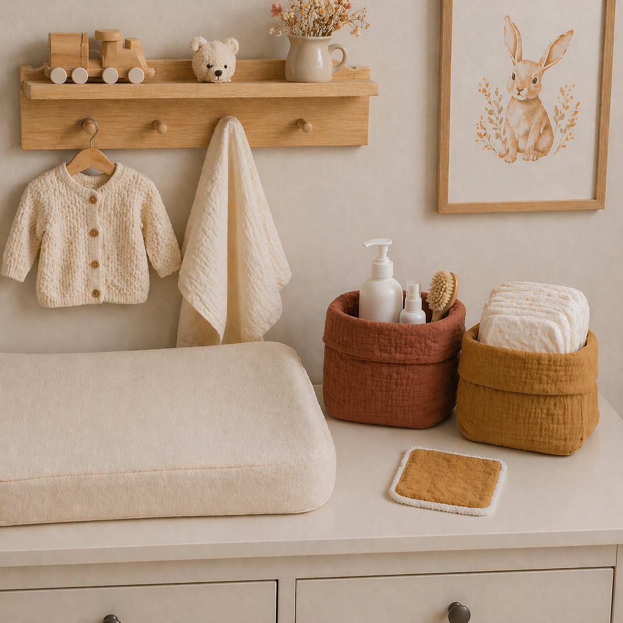 Table à langer bien organisée avec panières en tissu, produits de soin et couches pour bébé