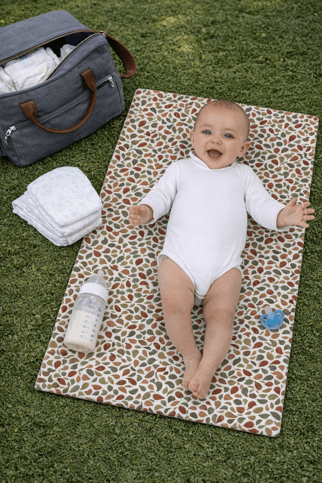 Tapis à langer nomade bébé personnalisable en tissu imperméable et gaze de coton camel - Mazzanne