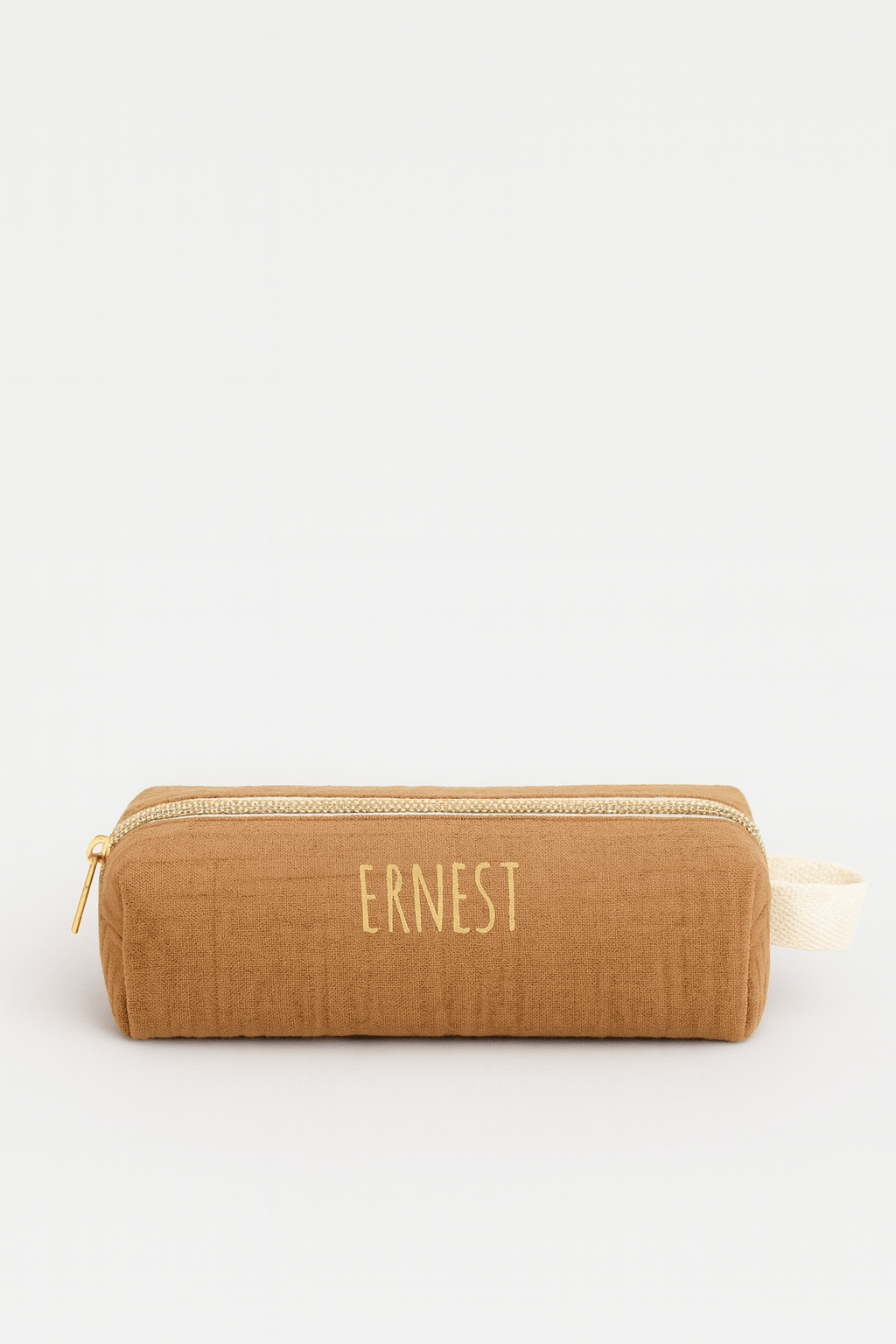 Trousse à crayons enfant école personnalisée en gaze de coton camel faite main - mazzanne