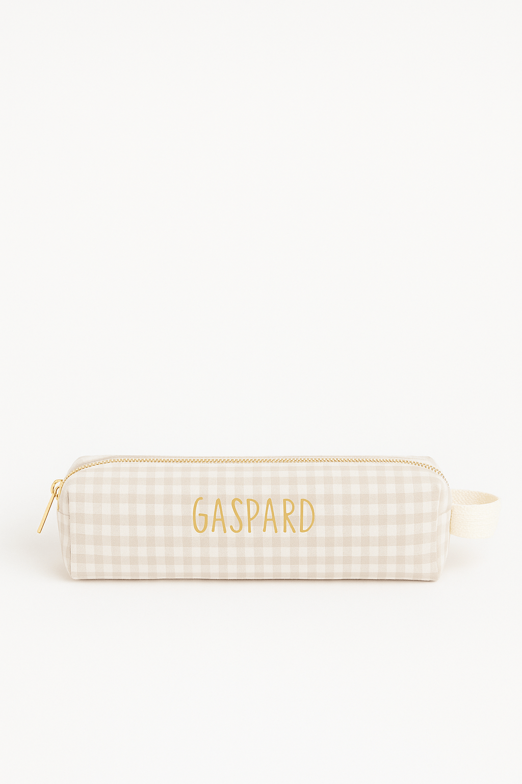 Trousse à crayons enfant école personnalisée en gaze de coton vichy beige faite main - mazzanne